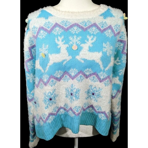 33 Degrees Retro Sequin Reindeer Blue And White Holiday Sweater - Picture 1 of 7